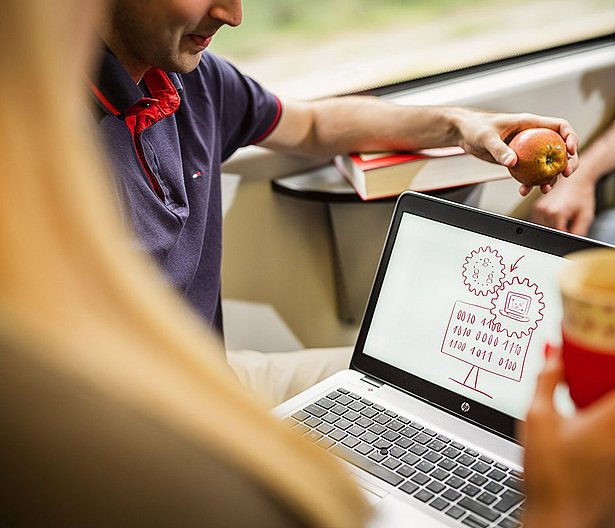Themen wie Daten-Handling und Mobile Business werden von zwei Studenten im Zug besprochen.
