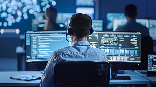 Mann sitzt vor dem Computer. 