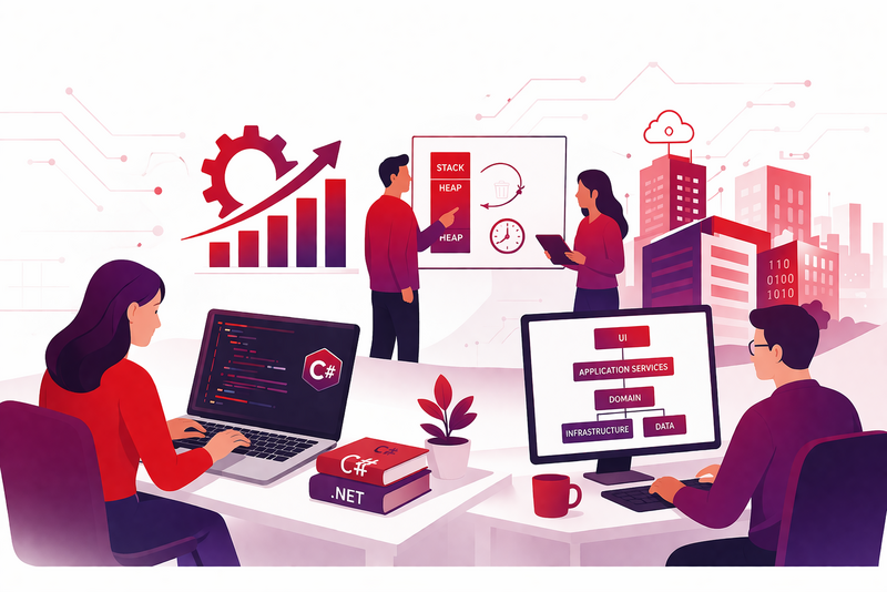 Illustration: C# und .NET-Entwicklung, Softwarearchitektur und Zusammenarbeit im team