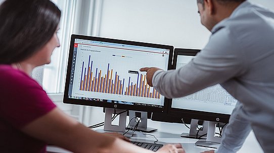 Zwei Forschende analysieren Daten am Bildschirm