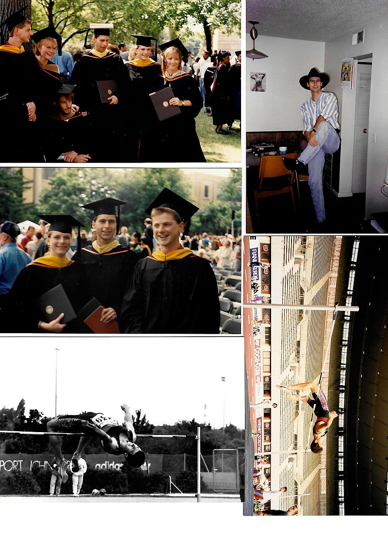 Aus der Zeit in den USA hat Joachim eine selbstgemachte und damals zeitgemässe Foto-Collage gefunden: Beim Abschluss mit befreundeten Absolvierenden, beim Versuch sich als Cowboy zu stylen und bei seiner sportlichen Leidenschaft. (Foto: ZVG)