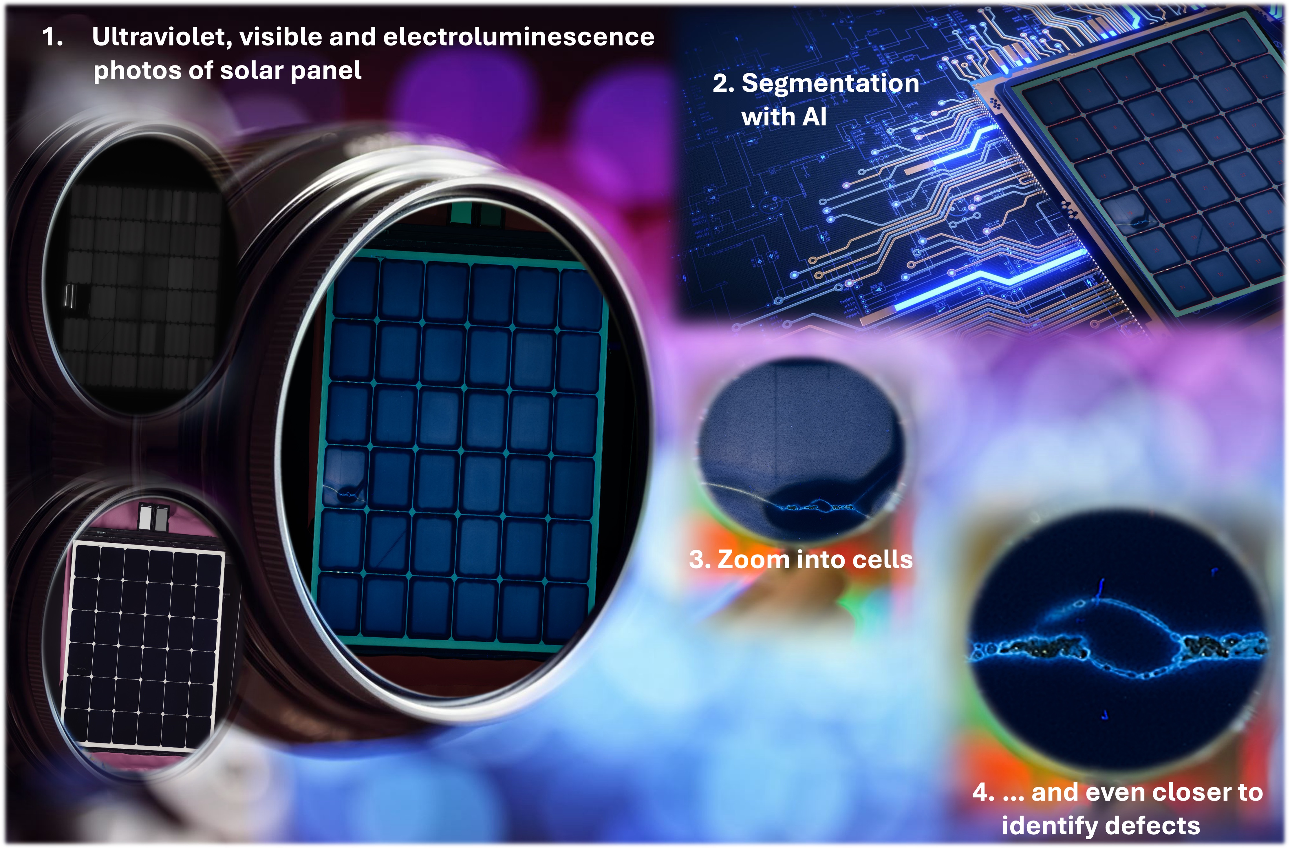 Die Abbildung zeigt vier unterschiedliche Detailgrade von Aufnahmen von Schäden in Solarzellen: 1. Ultraviolette, sichtbare und Elektrolumineszenz-Fotos von Solarmodulen; 2. Zerlegung mittels KI; 3. Vergrössern in Zellen; 4. ...und noch näher, um Schäden zu erkennen. (Bild: ZVG)